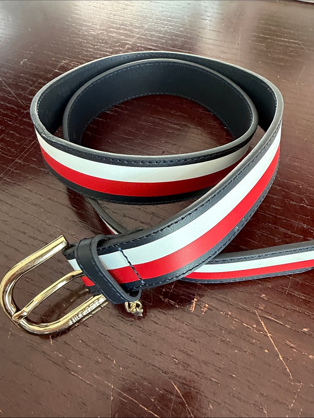 Tommy Hilfiger Navy Belt with Red and White Stripes and Gold Buckle
